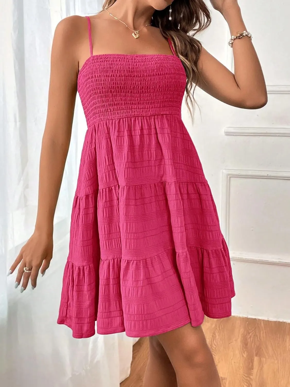 Womens Summer Dresses Spaghetti Strap Sleeveless Backless Ruffle Hem Swing Mini Casual A-Line Maxi Beach Smocked Short Dress
