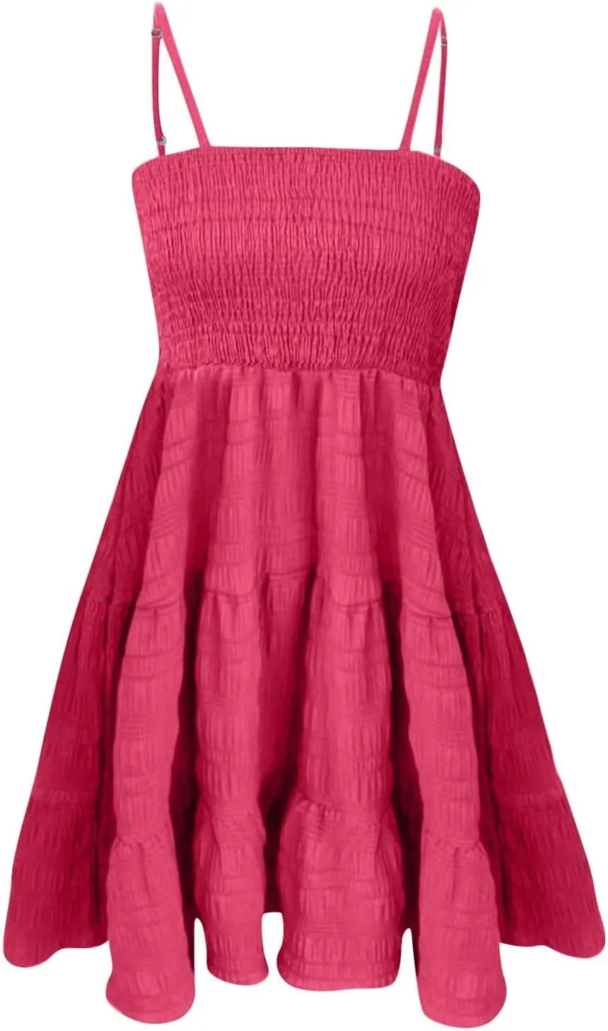 Womens Summer Dresses Spaghetti Strap Sleeveless Backless Ruffle Hem Swing Mini Casual A-Line Maxi Beach Smocked Short Dress