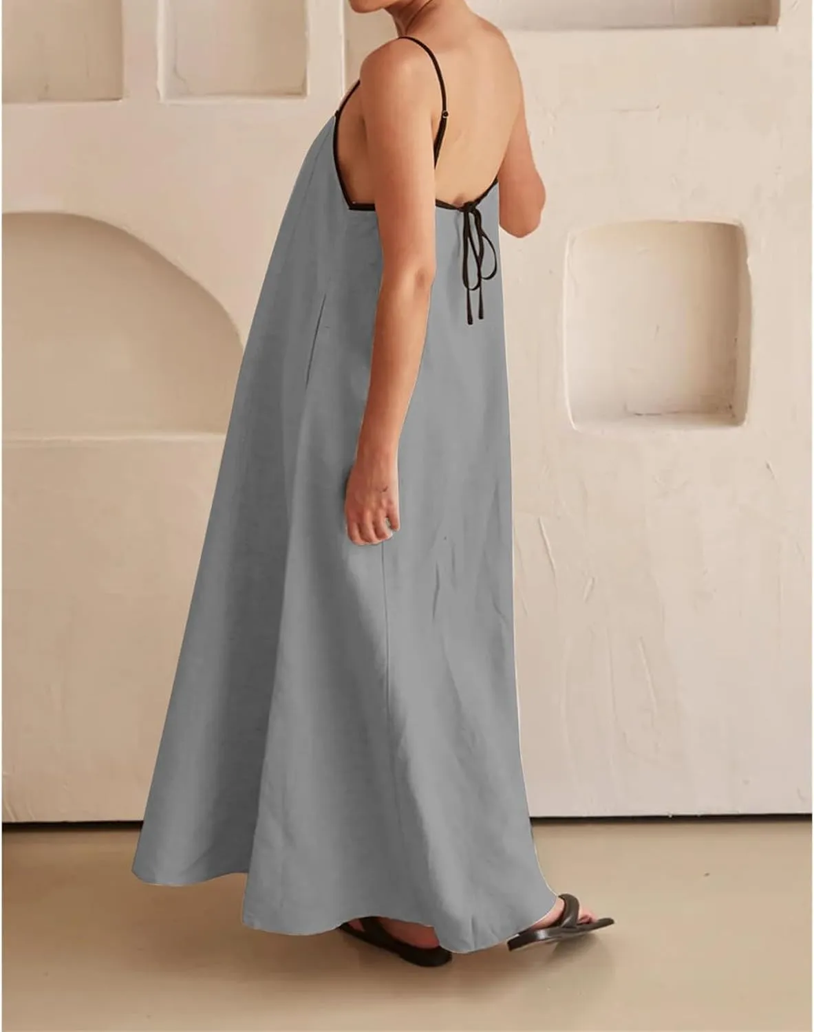 Womens Summer Maxi Dress Contrast Spaghetti Strap Dresses Flowy Sleeveless Backless Sundress Beach Vacation Dresses
