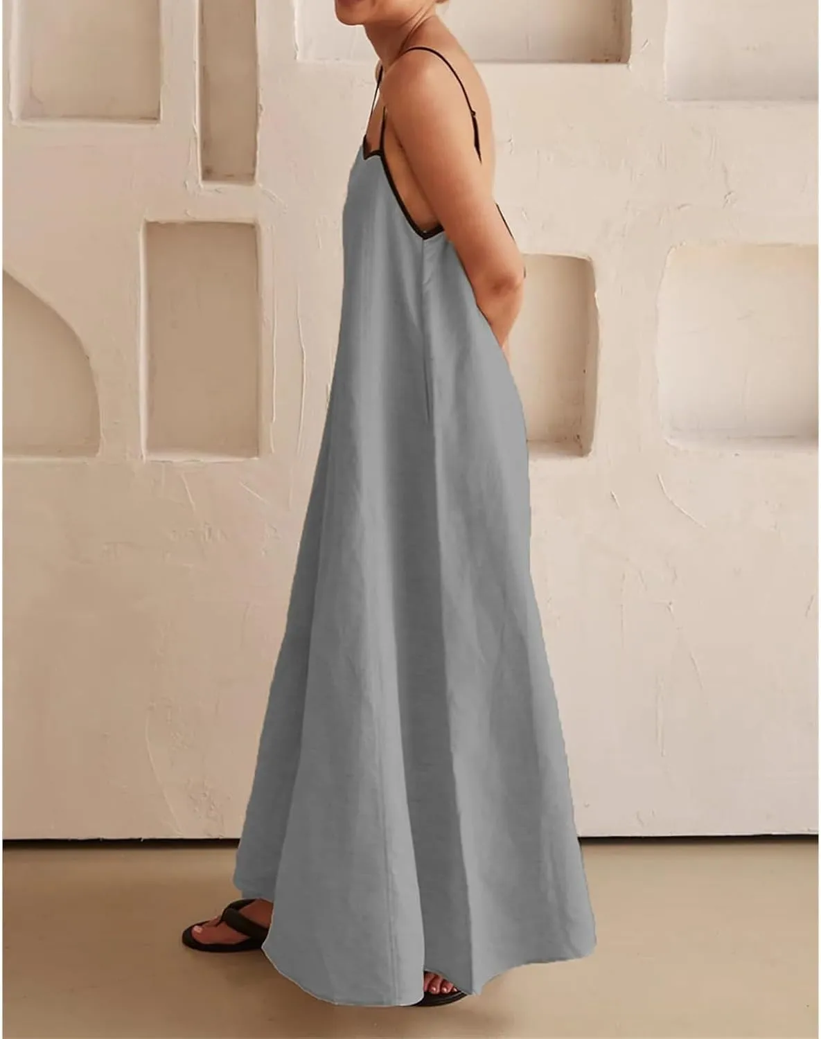 Womens Summer Maxi Dress Contrast Spaghetti Strap Dresses Flowy Sleeveless Backless Sundress Beach Vacation Dresses