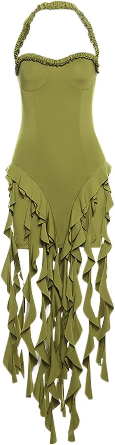 Womens Summer Ruffle Fringe Mini Dress Sexy Halter Neck Backless Cocktail Party Club Bodycon Bodycon Tassel Dresses