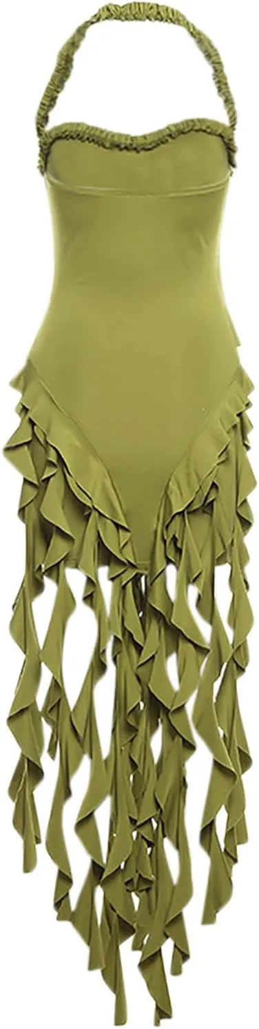 Womens Summer Ruffle Fringe Mini Dress Sexy Halter Neck Backless Cocktail Party Club Bodycon Bodycon Tassel Dresses