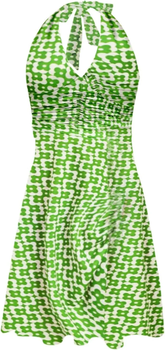 Women's Summer Sleeveless Neck Spring Floral with Pocket Elastic Waist Ruffle Dresses