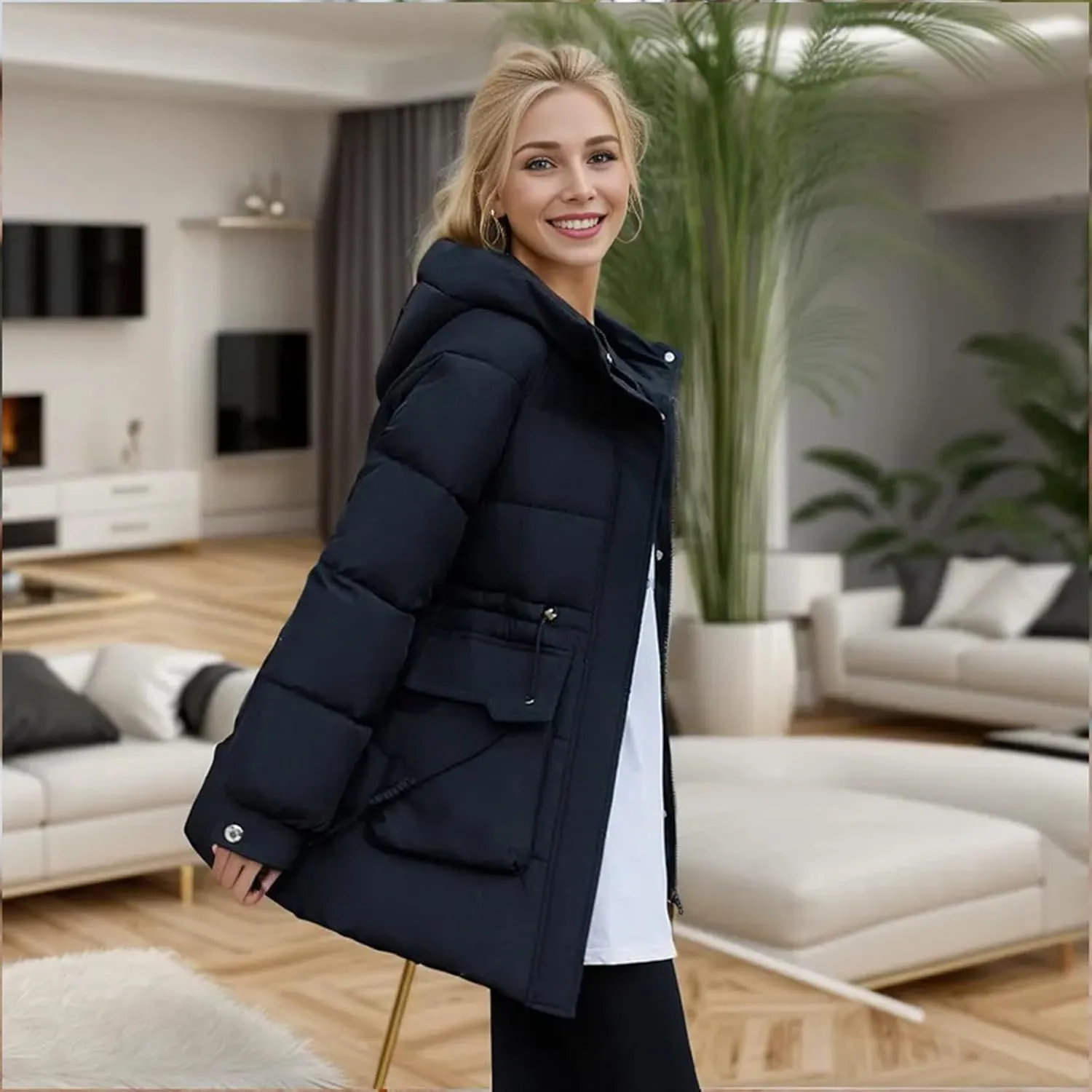 Women's Thickened Down Jacket Winter Hooded Mid-Length Puffy Packable Jacket Warm Puffer Down Coat Christmas Gifts