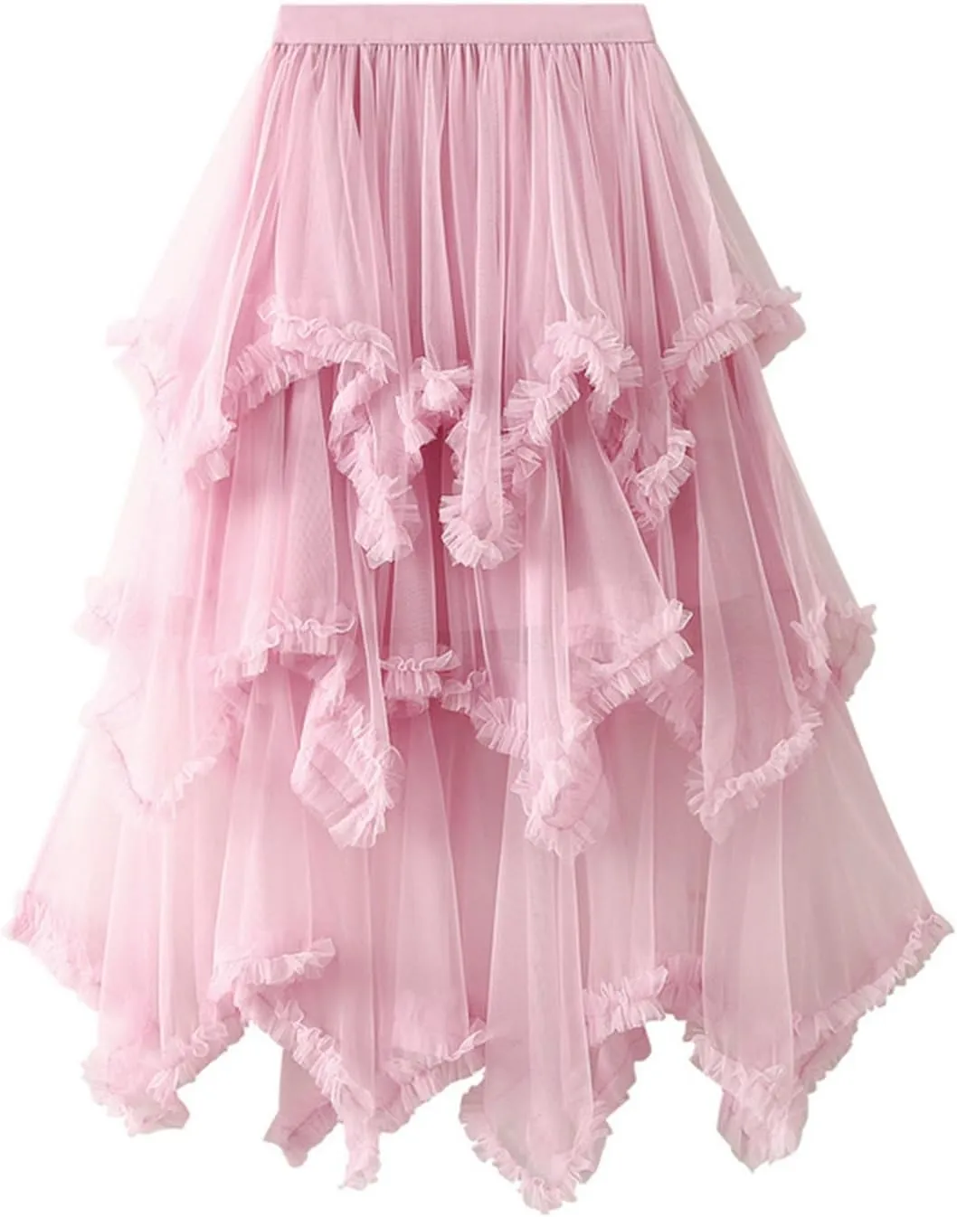 Womens Tulle Midi Skirt High Elastic Waist A-Line Mesh Elegant Long Irregular Layered Pleated Fairy Skirts for Party