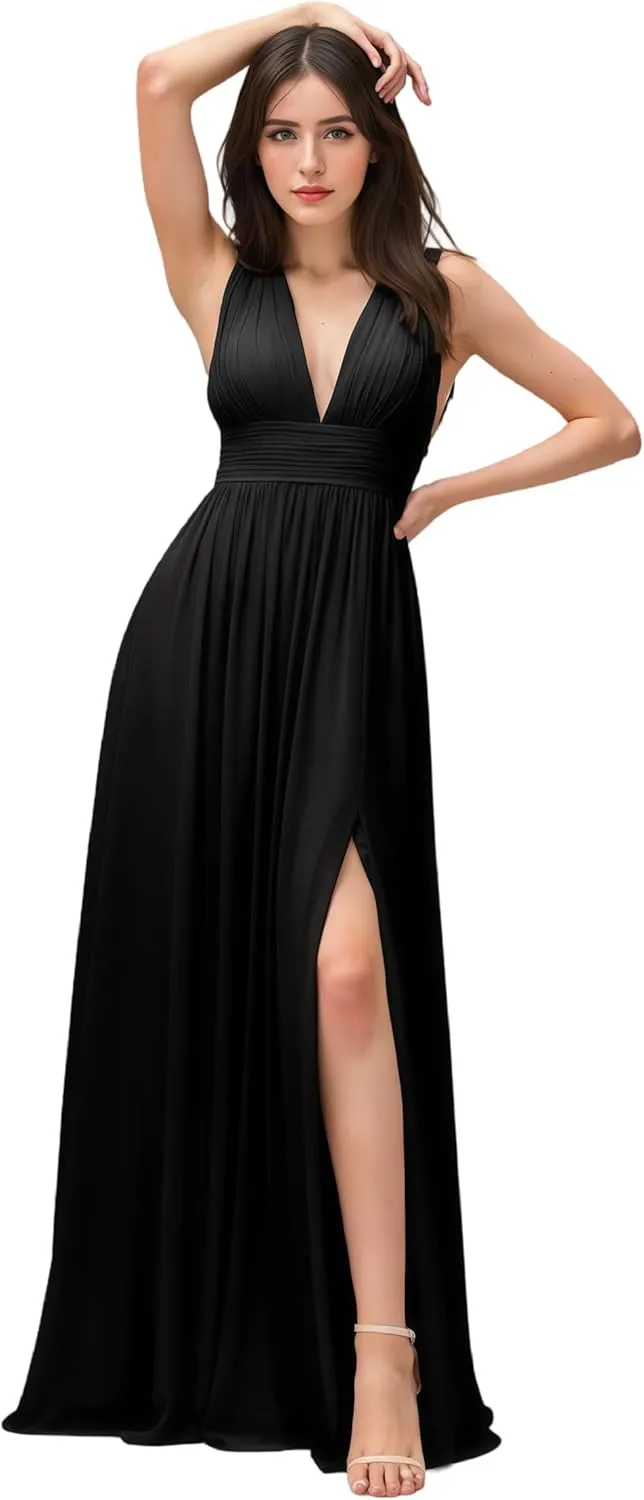 Women's V-Neck Bridesmaid Dress Floor Leng A-Line with Slit Pleated Chiffon Formal Evening Gowns
