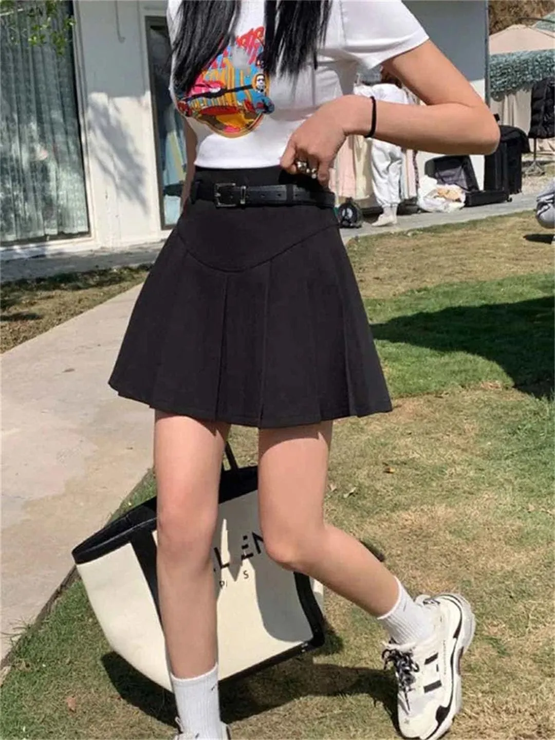 Women's with Belt Preppy Style High-Waisted Skirt Slimming Short Season Skirt