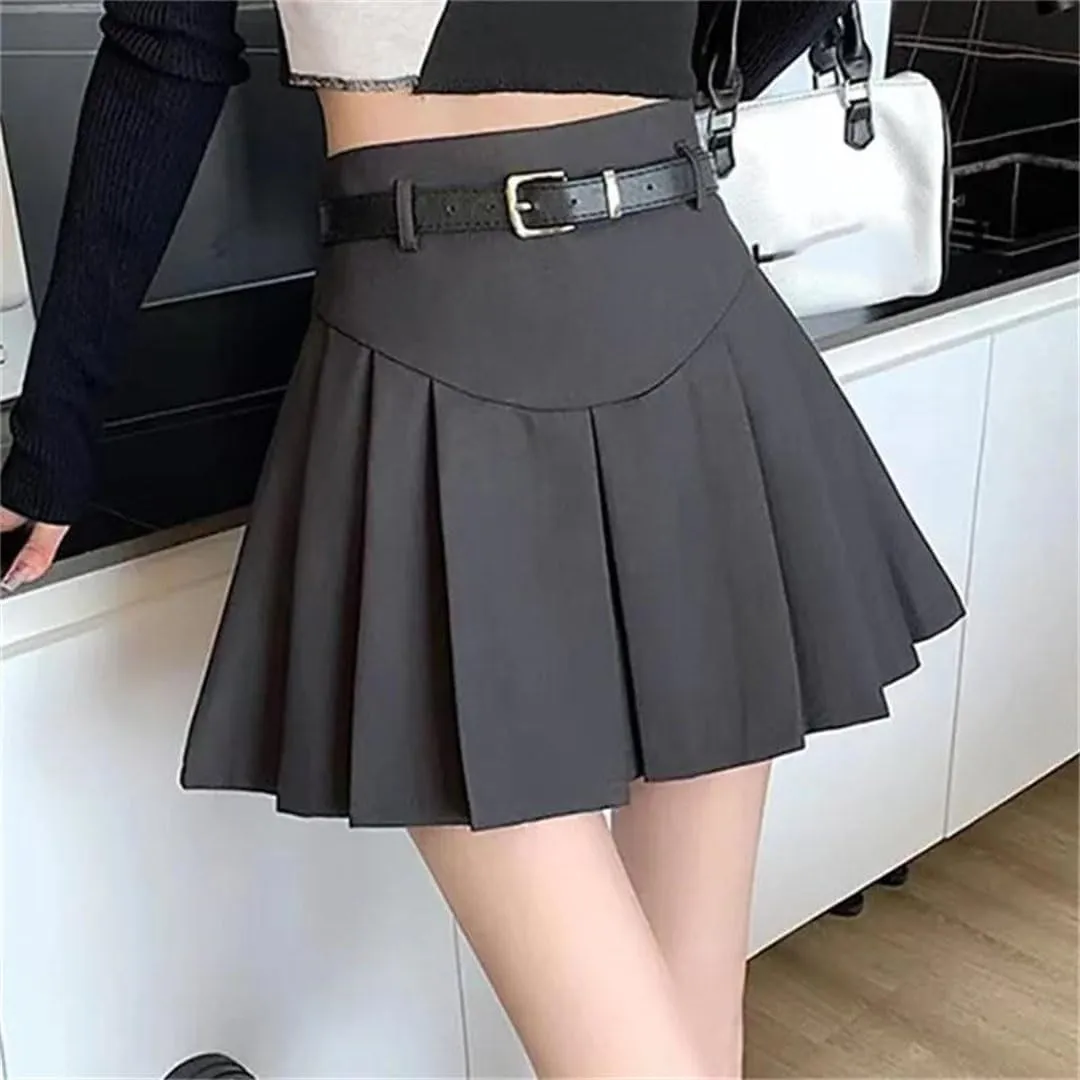 Women's with Belt Preppy Style High-Waisted Skirt Slimming Short Season Skirt