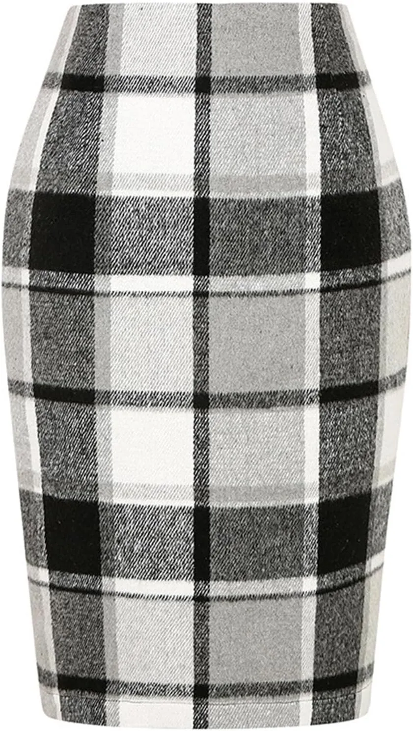 Women's Wool Midi Plaid Pencil Skirts High Waist Slit Tight Knee Length Casual Midi Skirt