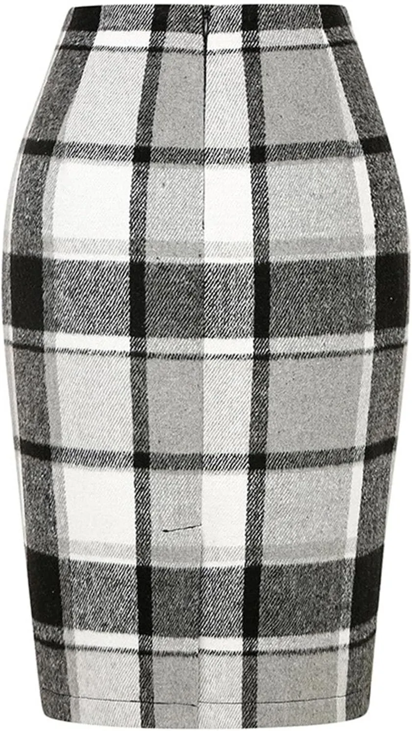 Women's Wool Midi Plaid Pencil Skirts High Waist Slit Tight Knee Length Casual Midi Skirt