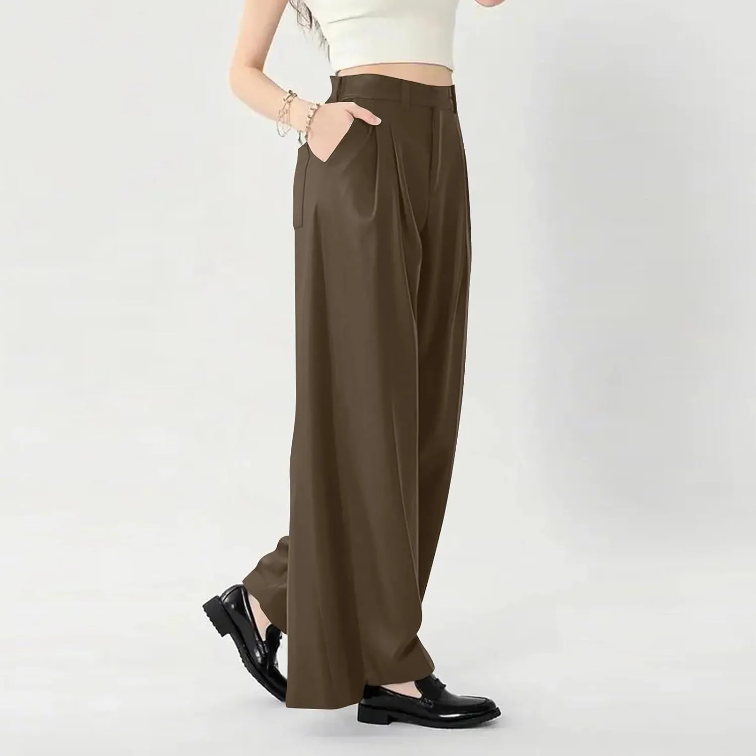 Women's Work Pants High Waisted Wide Leg Palazzo Pants with Pockets Elastic Waist Office Business Casual Trousers