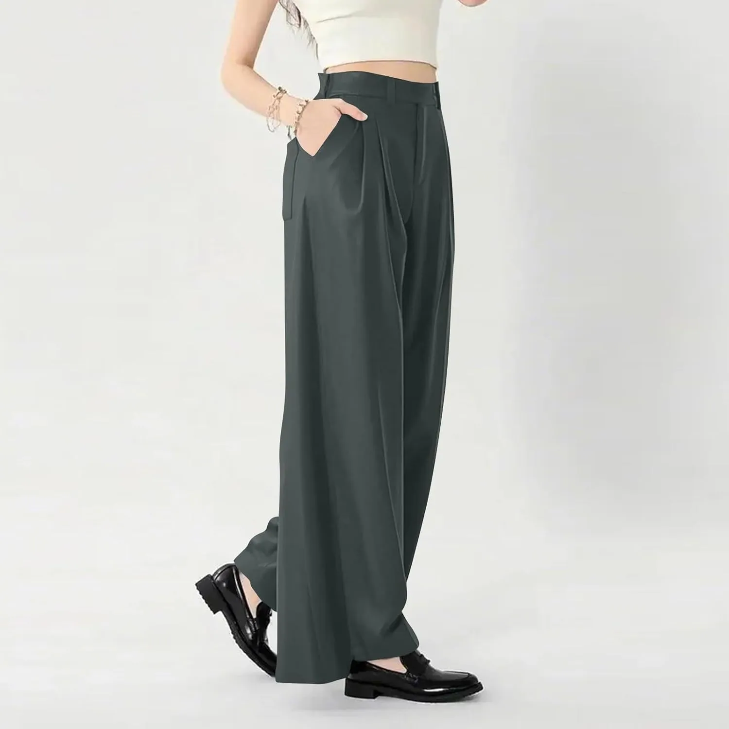 Women's Work Pants High Waisted Wide Leg Palazzo Pants with Pockets Elastic Waist Office Business Casual Trousers
