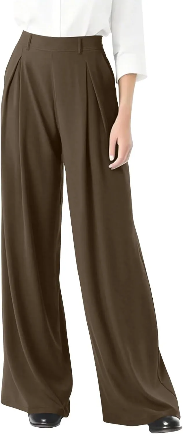 Women's Work Pants High Waisted Wide Leg Palazzo Pants with Pockets Elastic Waist Office Business Casual Trousers