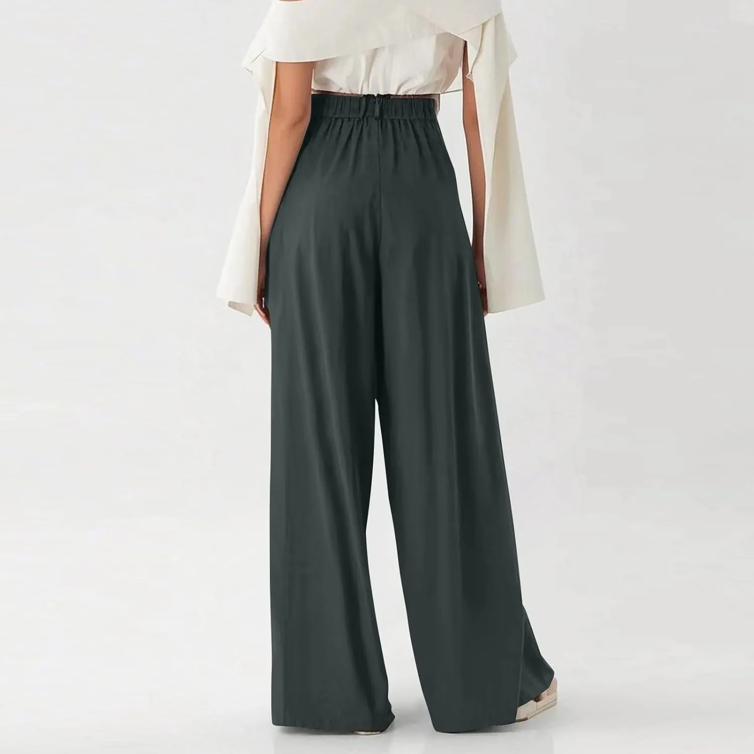 Women's Work Pants High Waisted Wide Leg Palazzo Pants with Pockets Elastic Waist Office Business Casual Trousers