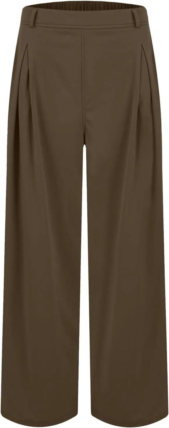 Women's Work Pants High Waisted Wide Leg Palazzo Pants with Pockets Elastic Waist Office Business Casual Trousers