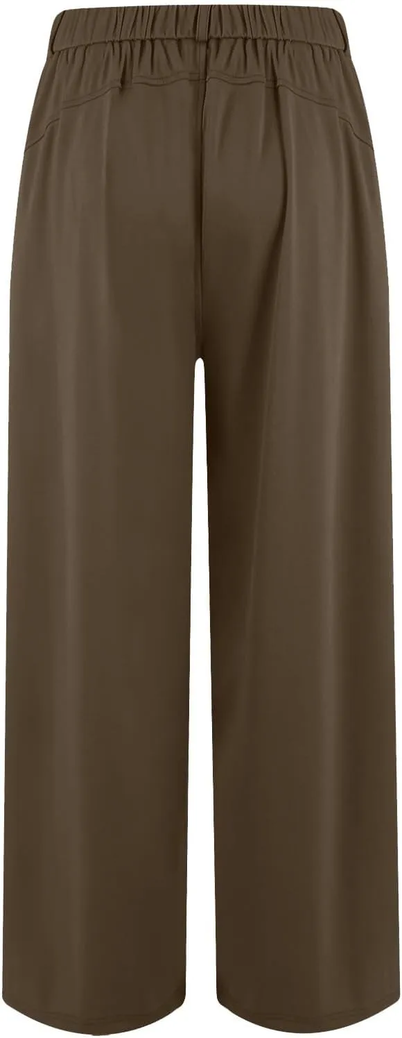 Women's Work Pants High Waisted Wide Leg Palazzo Pants with Pockets Elastic Waist Office Business Casual Trousers
