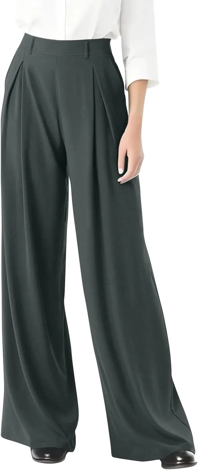 Women's Work Pants High Waisted Wide Leg Palazzo Pants with Pockets Elastic Waist Office Business Casual Trousers