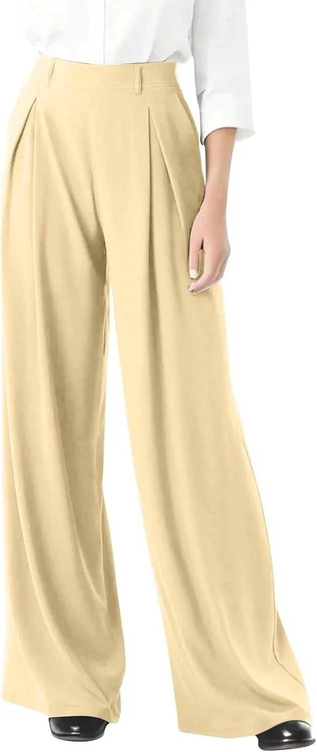 Women's Work Pants High Waisted Wide Leg Palazzo Pants with Pockets Elastic Waist Office Business Casual Trousers