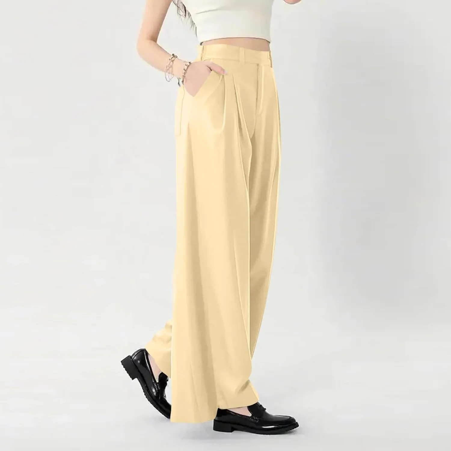 Women's Work Pants High Waisted Wide Leg Palazzo Pants with Pockets Elastic Waist Office Business Casual Trousers