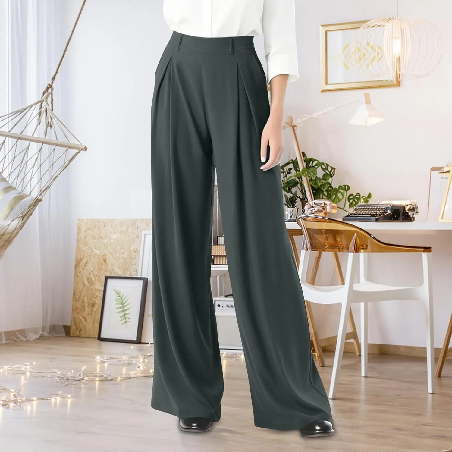 Women's Work Pants High Waisted Wide Leg Palazzo Pants with Pockets Elastic Waist Office Business Casual Trousers