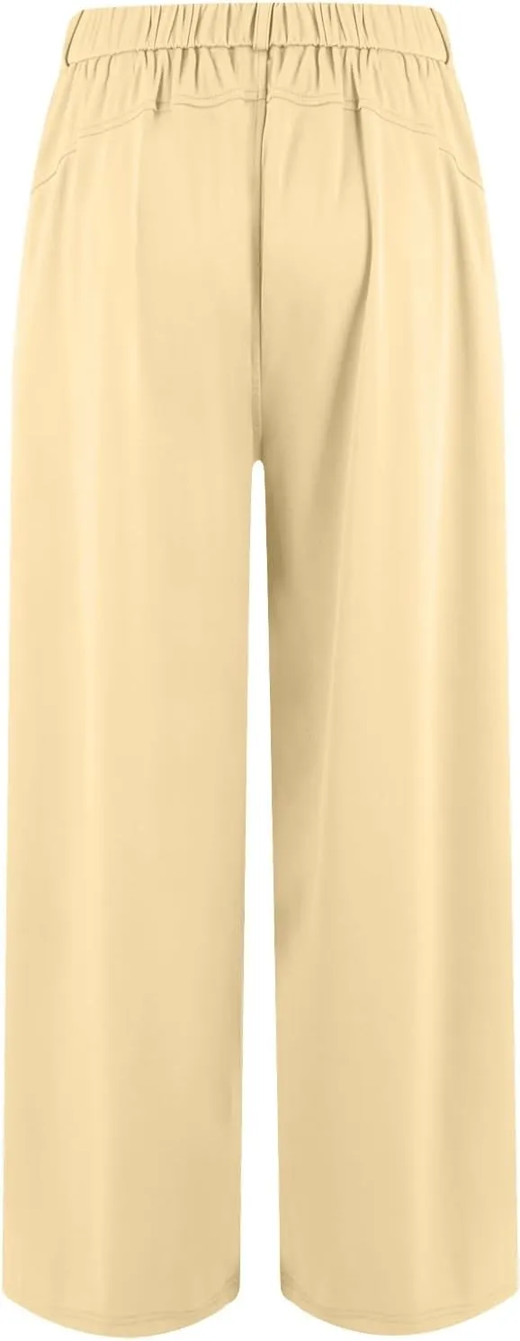 Women's Work Pants High Waisted Wide Leg Palazzo Pants with Pockets Elastic Waist Office Business Casual Trousers