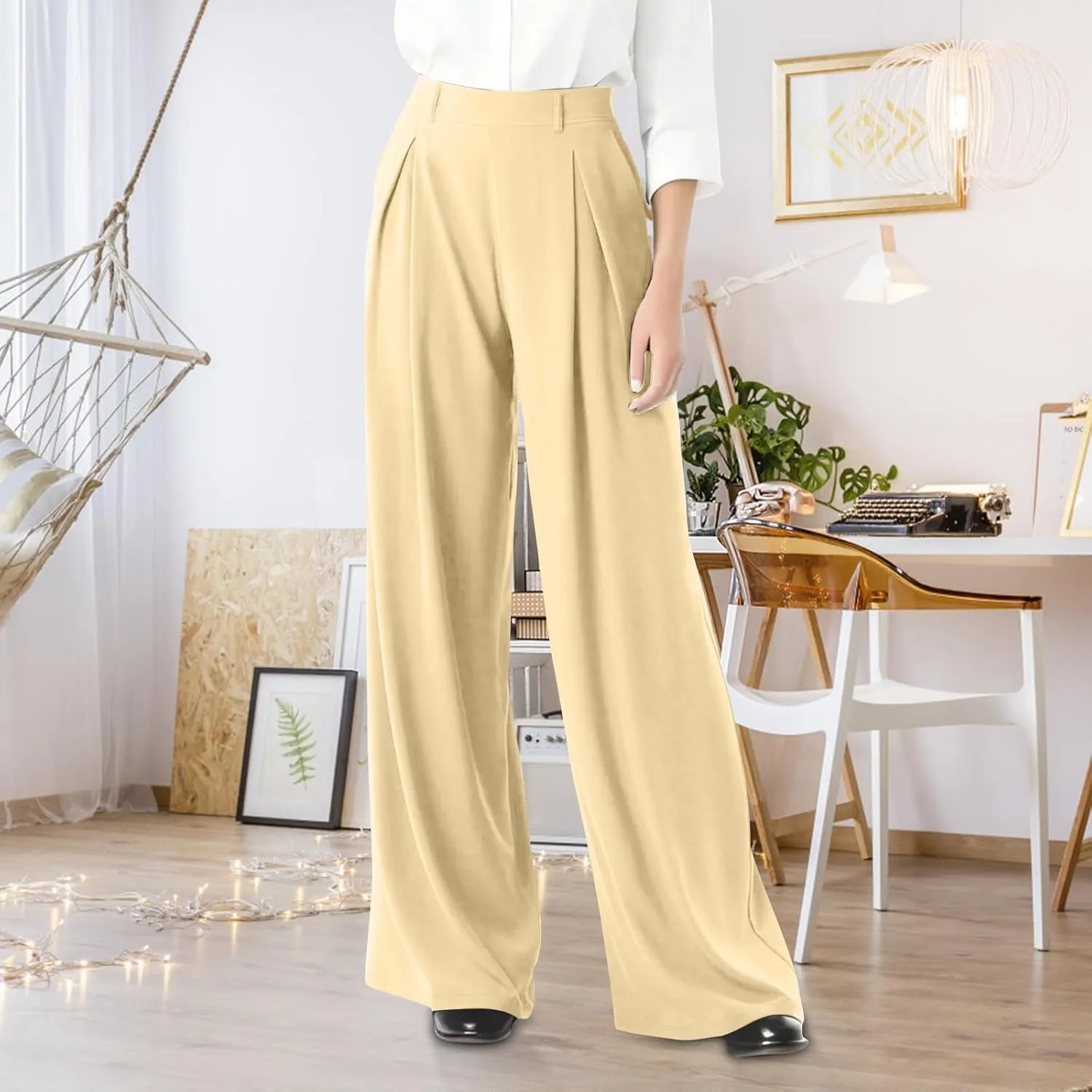 Women's Work Pants High Waisted Wide Leg Palazzo Pants with Pockets Elastic Waist Office Business Casual Trousers