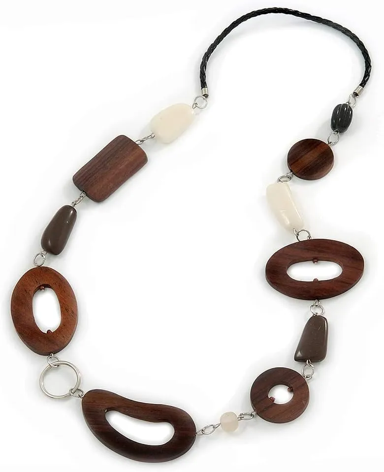 Wood Link & Glass Nugget Leather Style Long Necklace (Dark Brown, White & Black) - 76cm Length