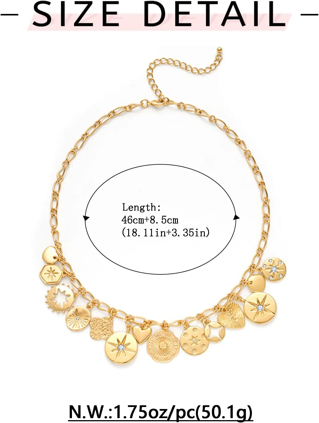 WOWORAMA Chunky Gold Charm Necklace for Women Boho Chunky Heart Statement Necklace Vintage Heart Coin Disc Charm Necklace Jewelry