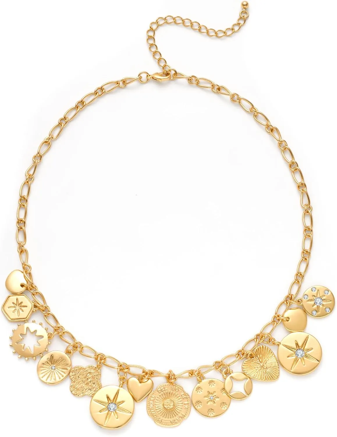 WOWORAMA Chunky Gold Charm Necklace for Women Boho Chunky Heart Statement Necklace Vintage Heart Coin Disc Charm Necklace Jewelry