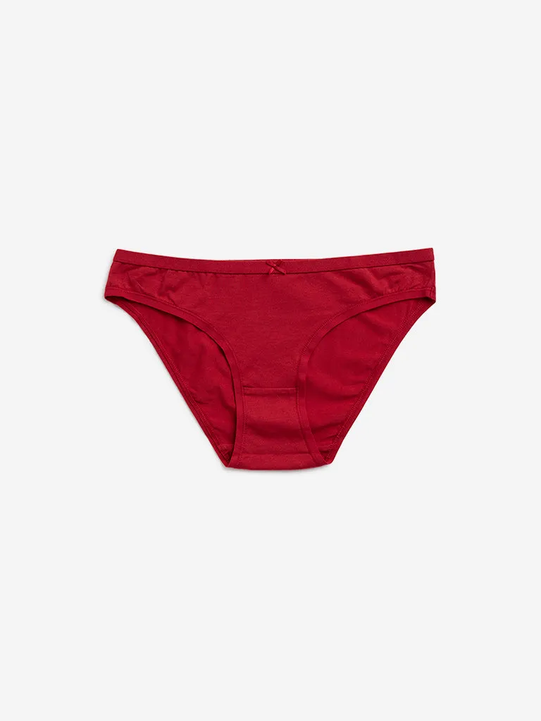 Wunderlove Red Solid Cotton-Blend Bikini Briefs - Pack of 3