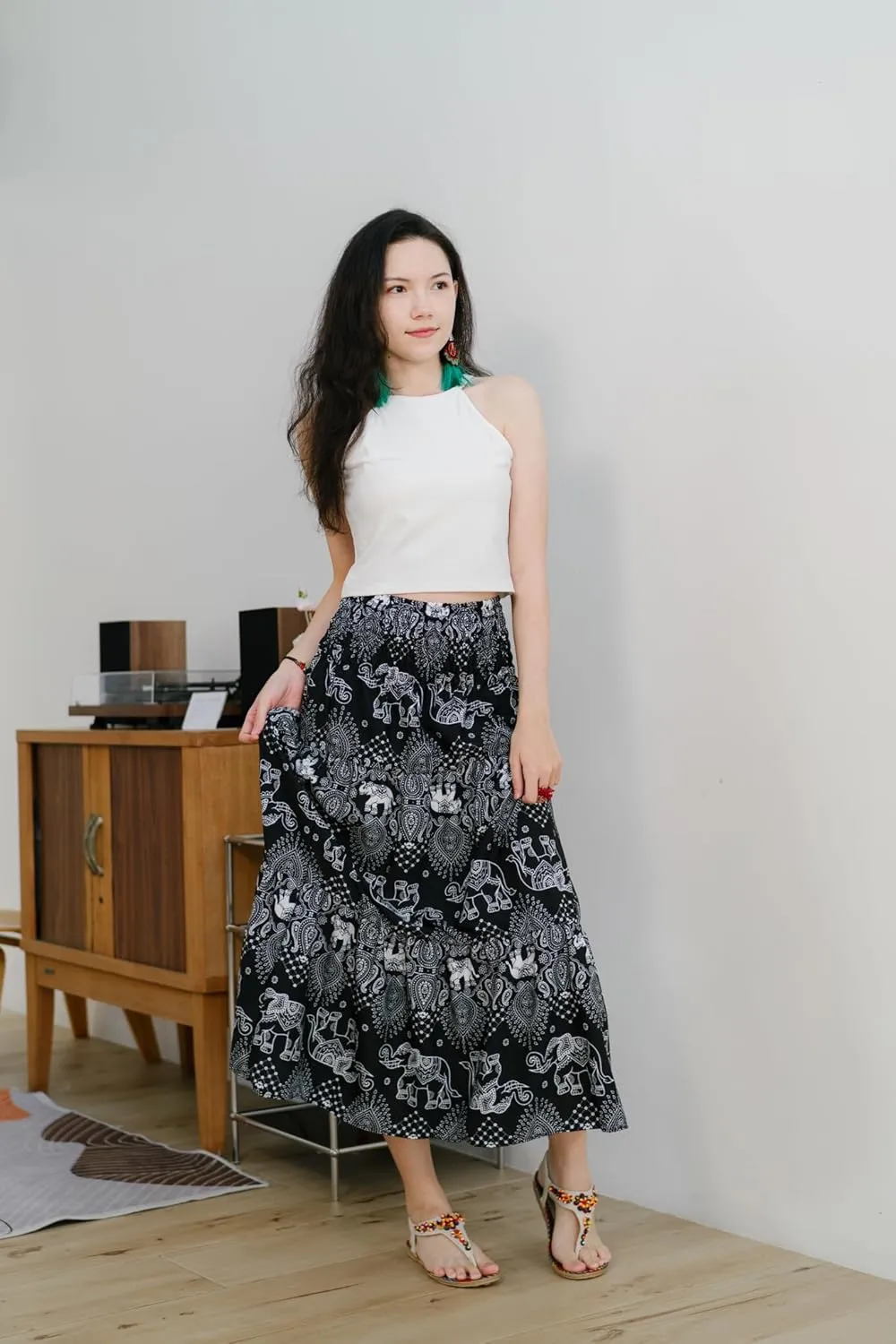 Your Cozy Womens Summer Boho Elastic Waist Pleated A-Line Flowy Swing Tiered Long Beach Maxi Skirt