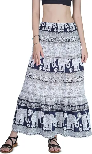 Your Cozy Womens Summer Boho Elastic Waist Pleated A-Line Flowy Swing Tiered Long Beach Maxi Skirt