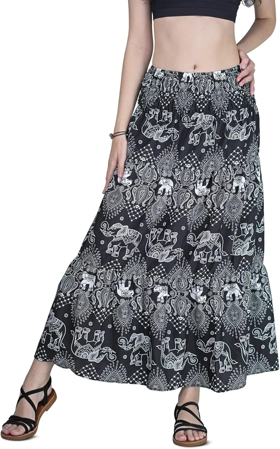 Your Cozy Womens Summer Boho Elastic Waist Pleated A-Line Flowy Swing Tiered Long Beach Maxi Skirt