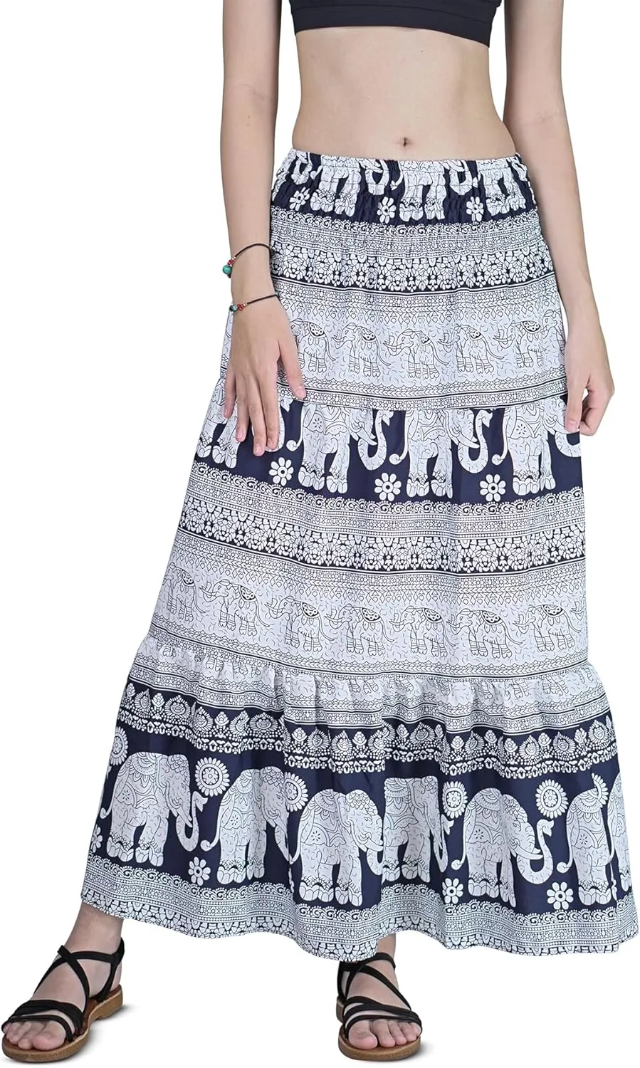 Your Cozy Womens Summer Boho Elastic Waist Pleated A-Line Flowy Swing Tiered Long Beach Maxi Skirt