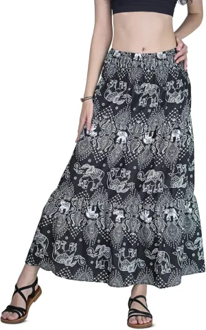 Your Cozy Womens Summer Boho Elastic Waist Pleated A-Line Flowy Swing Tiered Long Beach Maxi Skirt