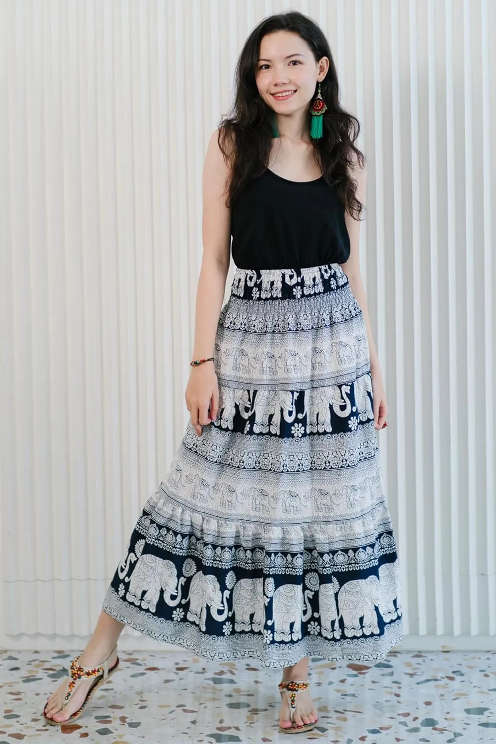 Your Cozy Womens Summer Boho Elastic Waist Pleated A-Line Flowy Swing Tiered Long Beach Maxi Skirt