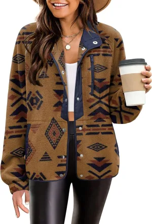Zeagoo Women's Cozy Fleece Jacket Western Aztec Print Button Down Coat with Pockets Casual Warm Outwear 2024
