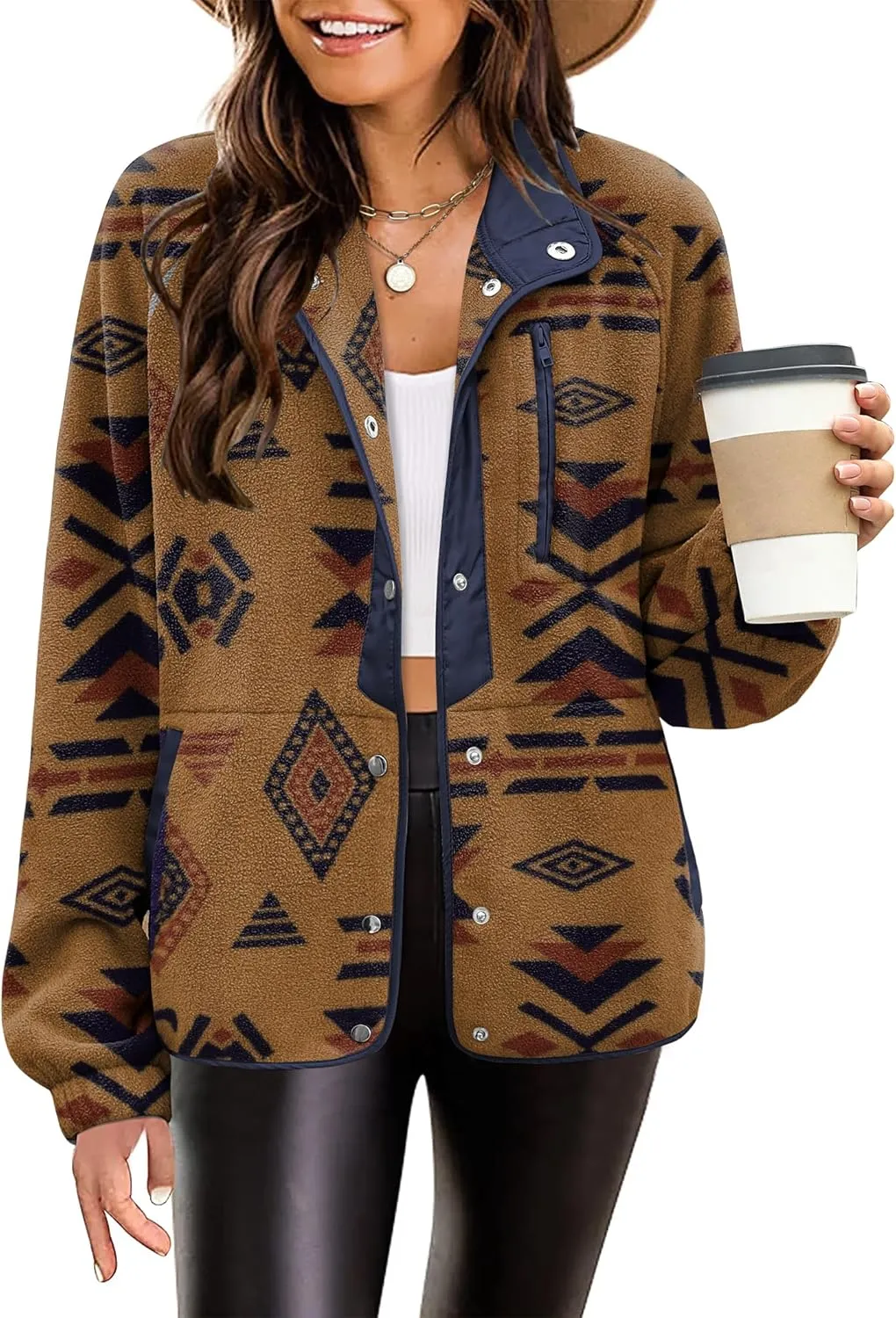 Zeagoo Women's Cozy Fleece Jacket Western Aztec Print Button Down Coat with Pockets Casual Warm Outwear 2024