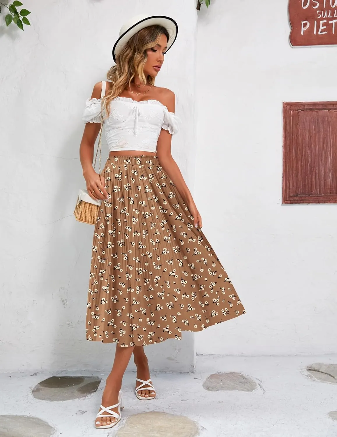 Zeagoo Women's Midi Skirts High Waisted Pleated A-Line Swing Skirts Summer Floral Long Skirts with Pockets