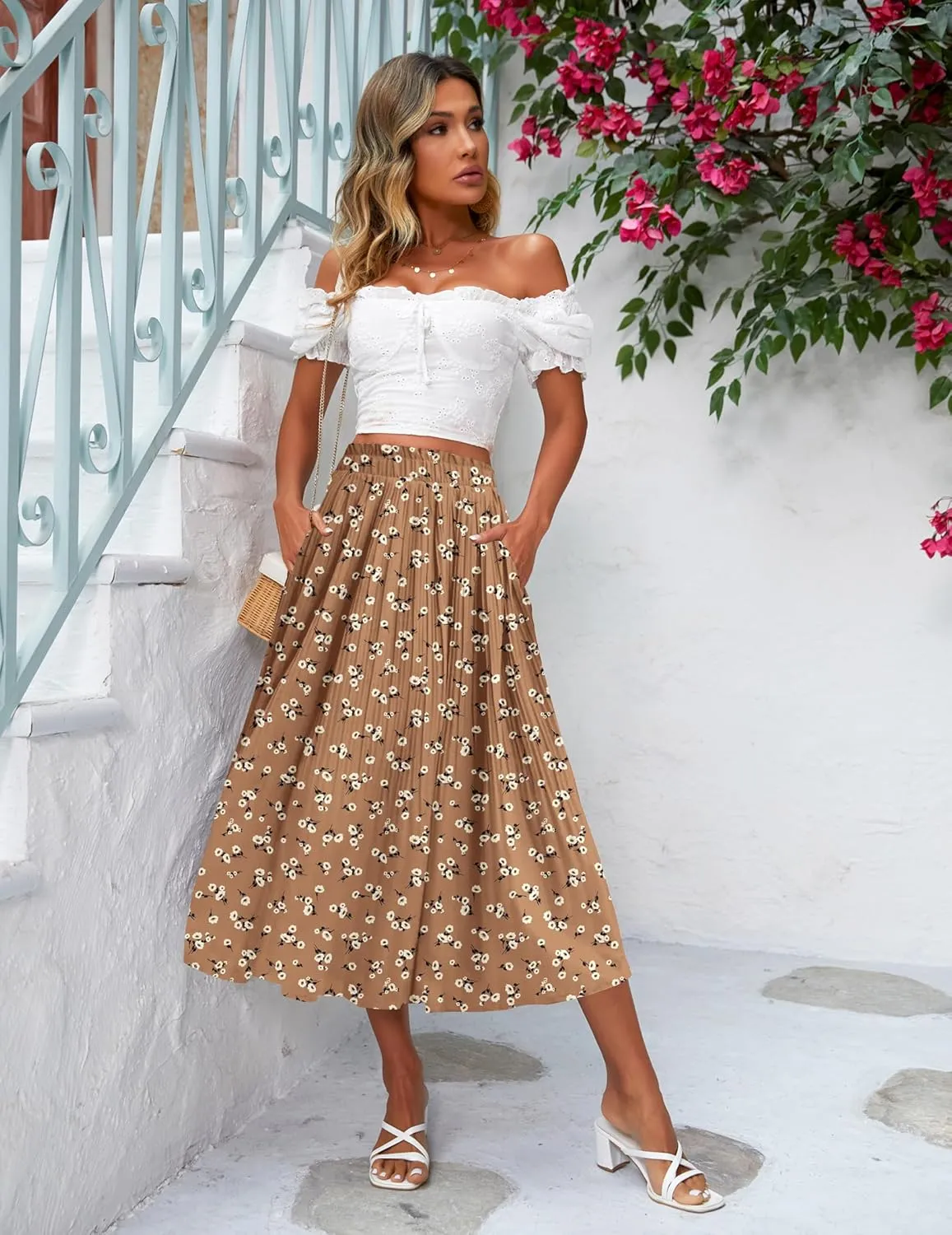 Zeagoo Women's Midi Skirts High Waisted Pleated A-Line Swing Skirts Summer Floral Long Skirts with Pockets