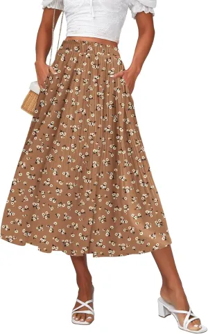 Zeagoo Women's Midi Skirts High Waisted Pleated A-Line Swing Skirts Summer Floral Long Skirts with Pockets