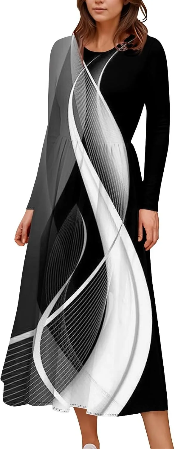 ZEFOTIM Long Sleeve Dress for Women Floral Graphic Dresses with Pockets Long Dresses Crewneck Dress Summer Spring Dress