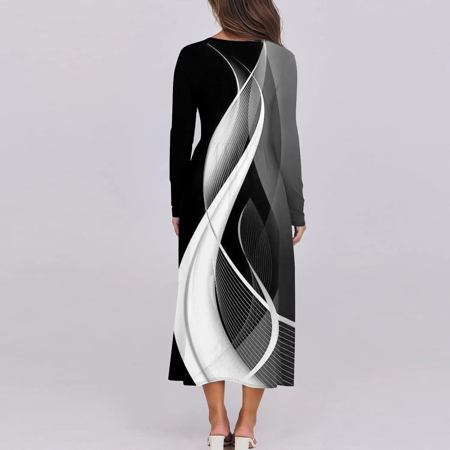 ZEFOTIM Long Sleeve Dress for Women Floral Graphic Dresses with Pockets Long Dresses Crewneck Dress Summer Spring Dress