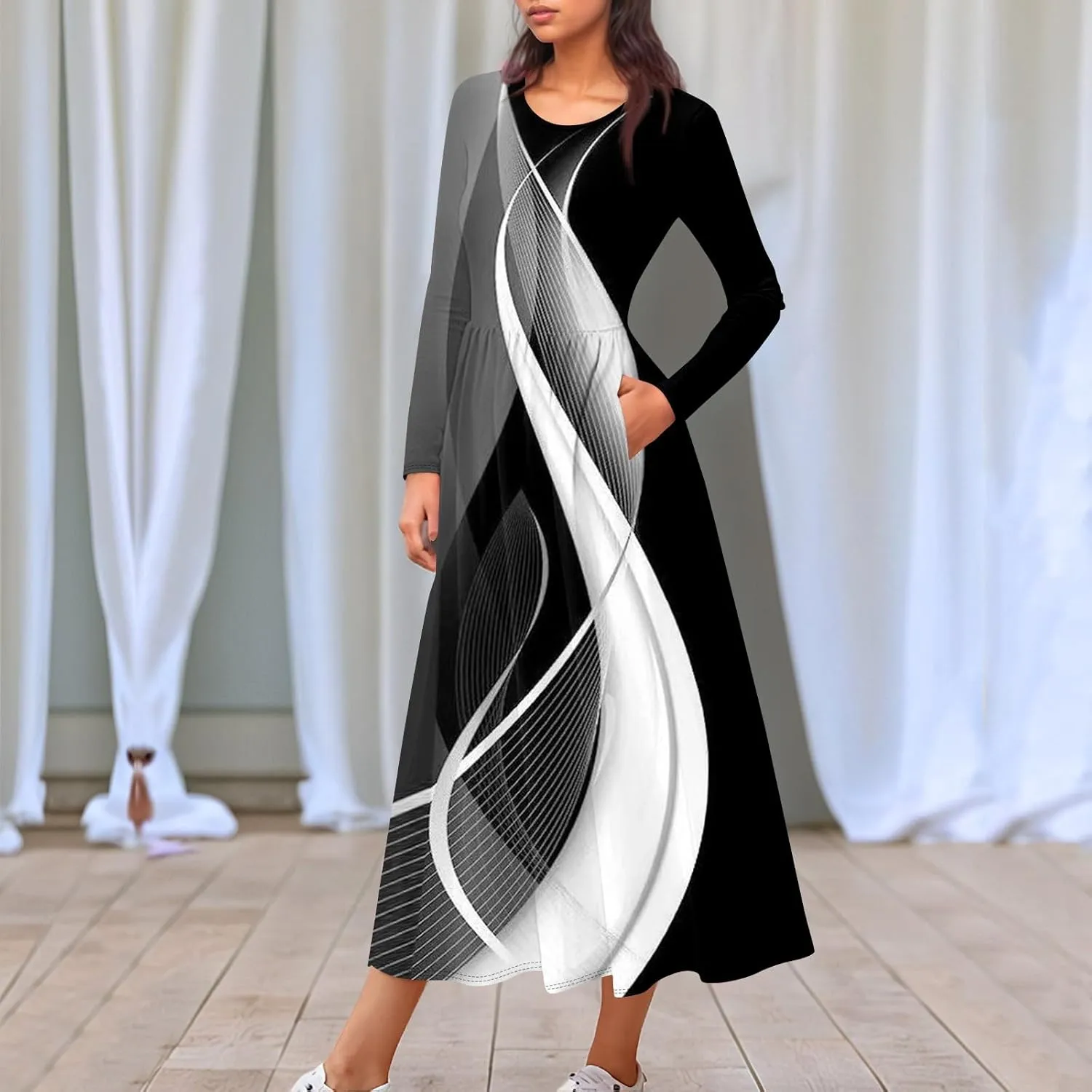 ZEFOTIM Long Sleeve Dress for Women Floral Graphic Dresses with Pockets Long Dresses Crewneck Dress Summer Spring Dress