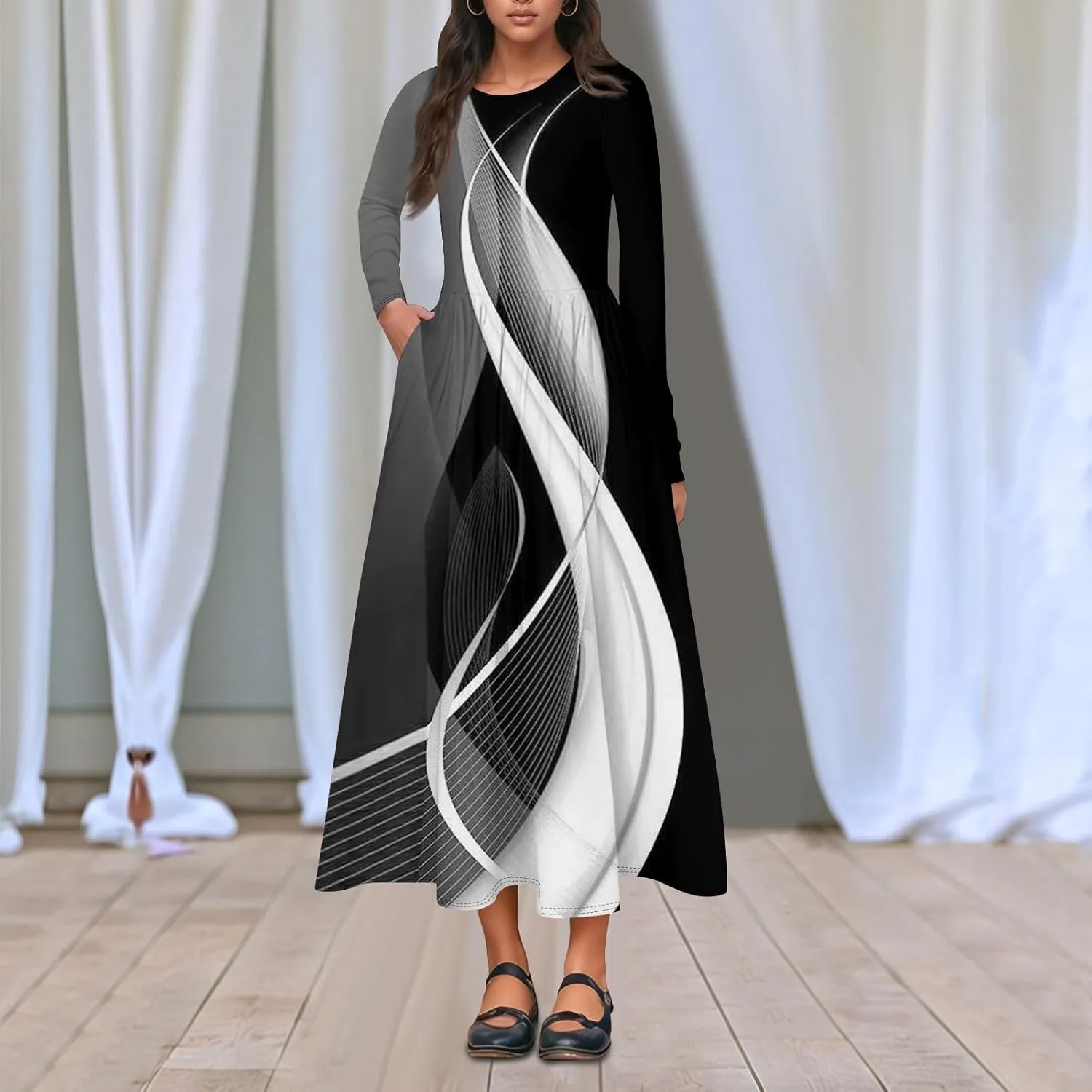 ZEFOTIM Long Sleeve Dress for Women Floral Graphic Dresses with Pockets Long Dresses Crewneck Dress Summer Spring Dress