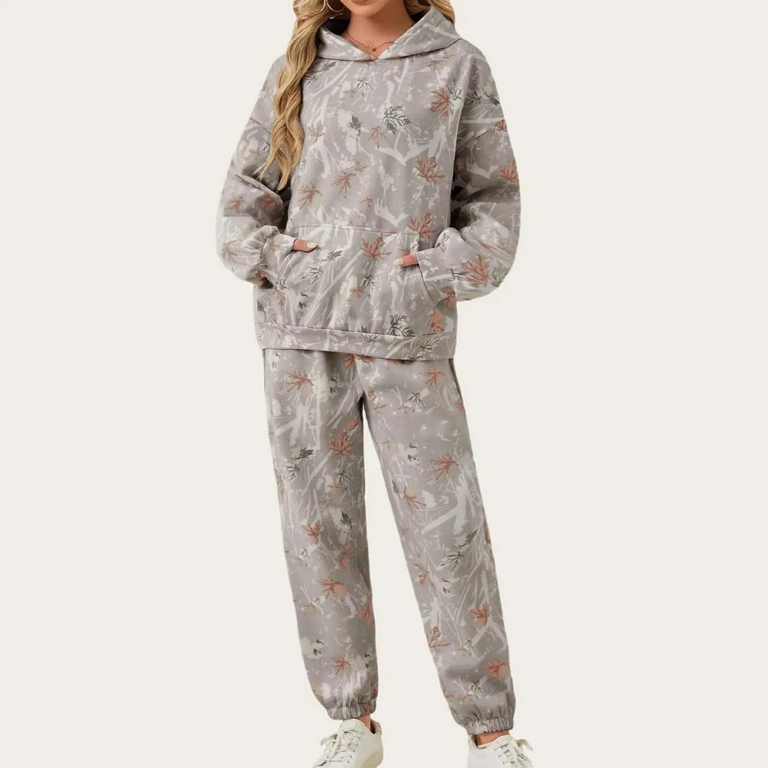 ZWRXW Camo Sweatsuits Women 2 Piece Outfit Lounge Set Maple Leaf Print Oversized Hoodie Camo Sweatpants Set Casual Tracksuit